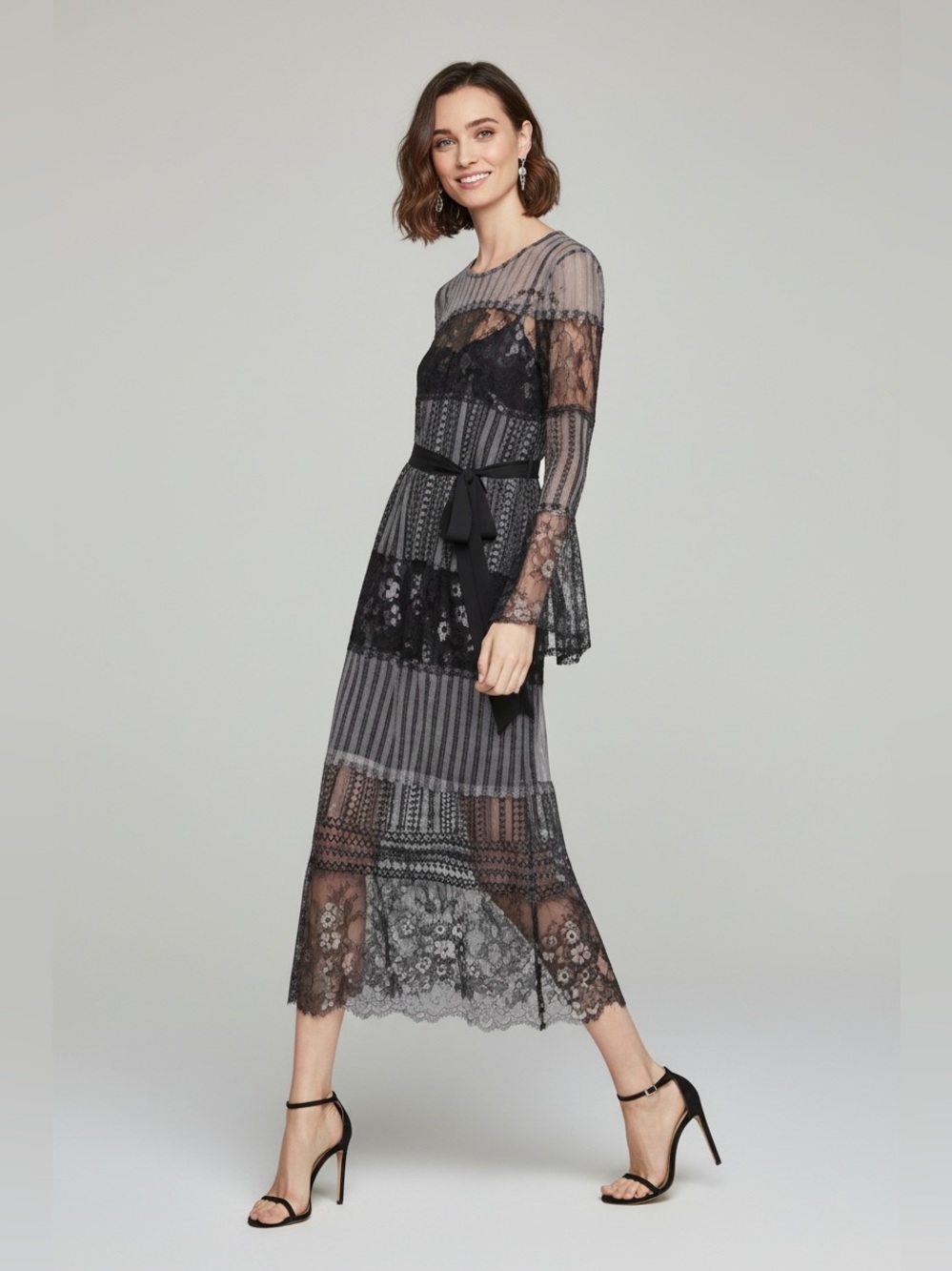 BCBGMaxAzria Black Metallic Sheer Lace Long-Sleeve Maxi Shift Dress No Liner